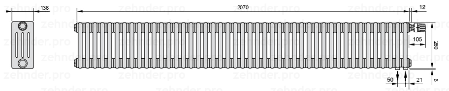 Схема (чертеж) Радиатор Zehnder Charleston 4026/45 №V002 Белый глянцевый RAL 9016